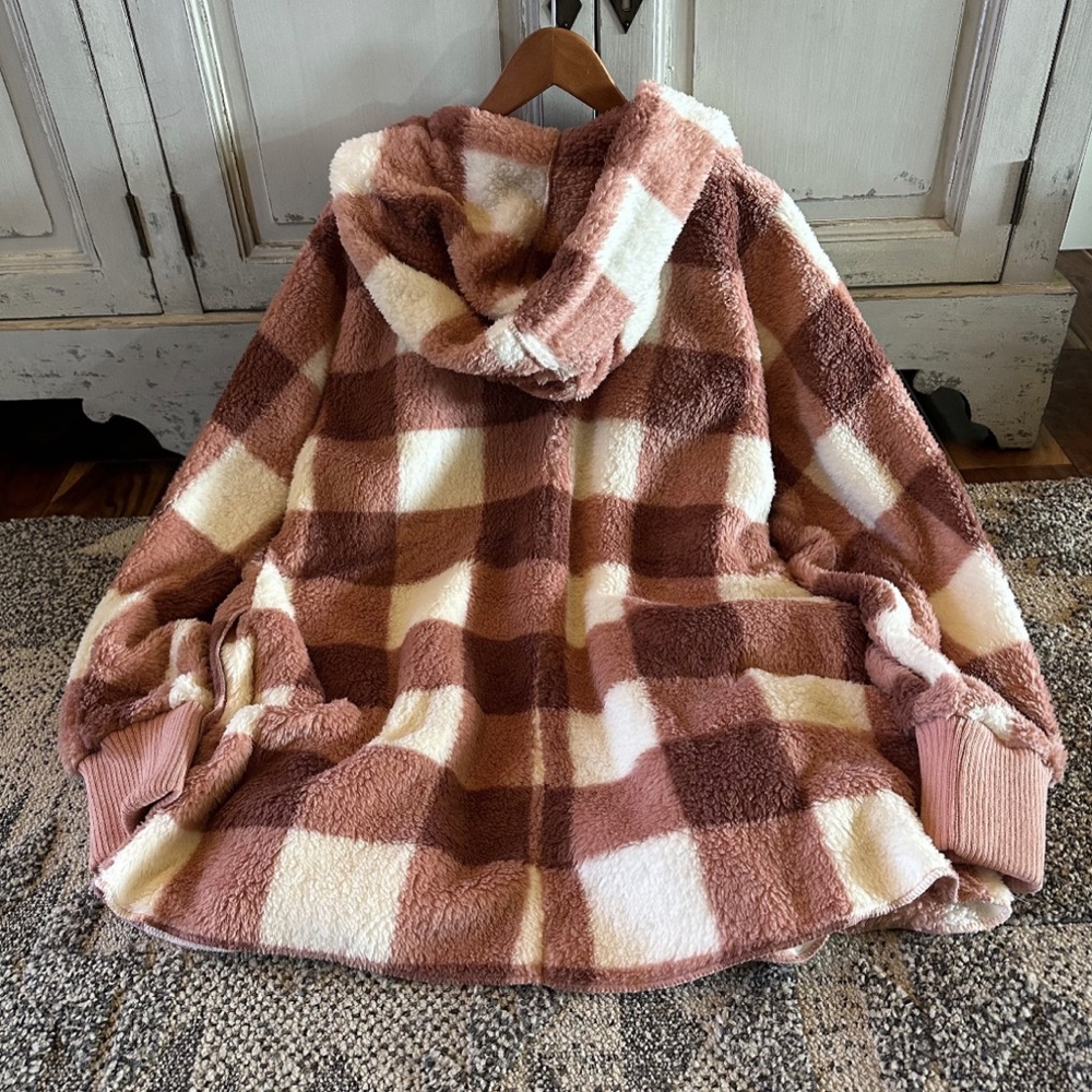 New Cozy Oversized Teddy Hooded Pink Plaid Cardigan Sweater Coat Western  Boho - Picture 7 of 9